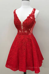 Prom Aesthetic, Short V Neck Lace Prom Dresses, Short Red V Neck Lace Homecoming Graduation Dresses