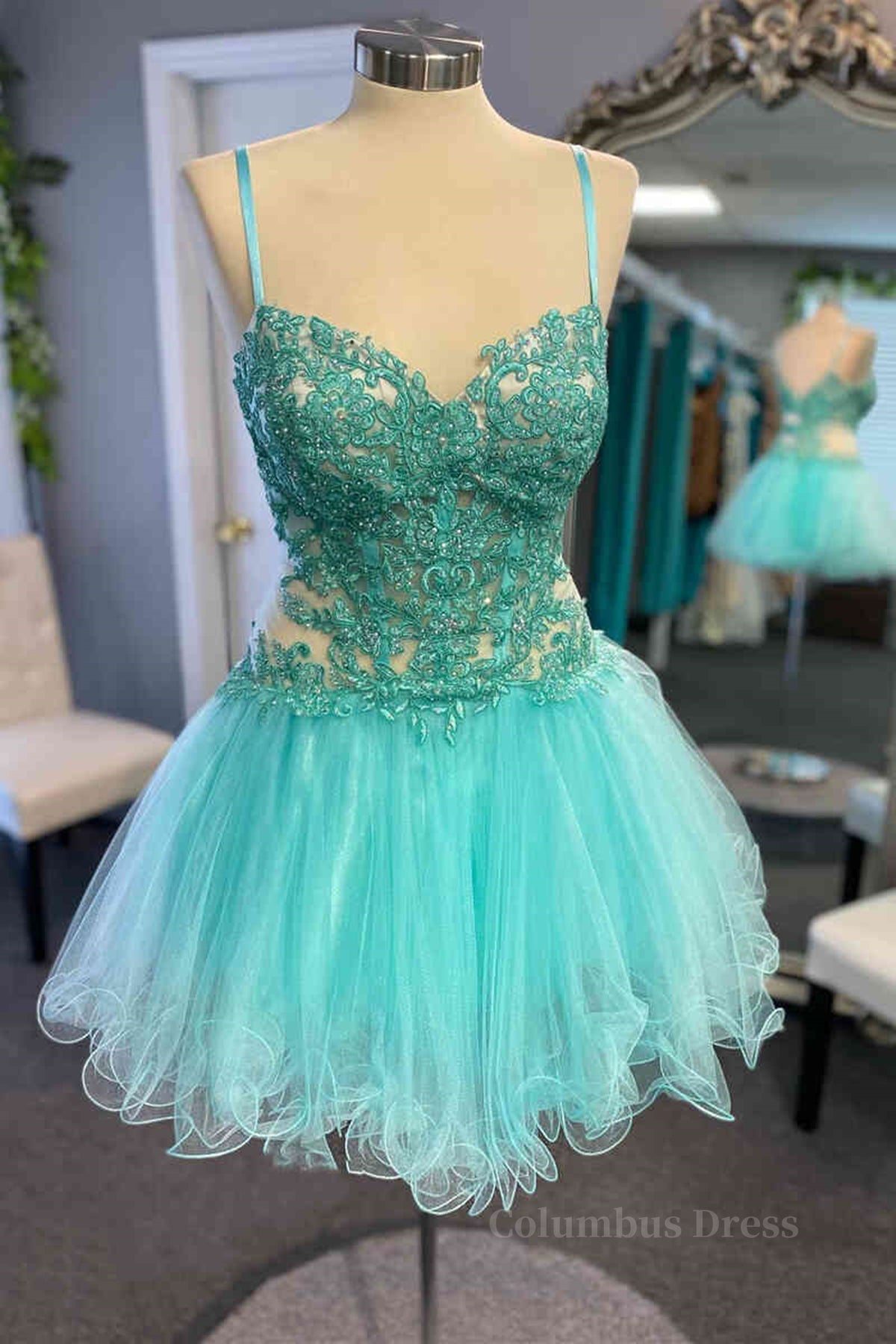 Evening Dress Stunning, Short V Neck Mint Green Lace Prom Dresses, Short Mint Green Lace Formal Homecoming Dresses