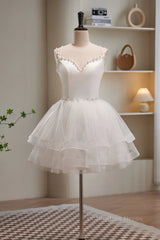 Elegant Dress For Women, Short V Neck White Prom Dresses, Short V Neck White Formal Homecoming Dresses
