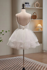 Long Dress Outfit, Short V Neck White Prom Dresses, Short V Neck White Formal Homecoming Dresses