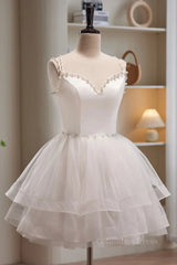 Long Formal Dress, Short V Neck White Prom Dresses, Short V Neck White Formal Homecoming Dresses