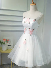 Party Dresses Long Sleeved, Short White Floral Prom Dresses, Short White Floral Formal Homecoming Dresses