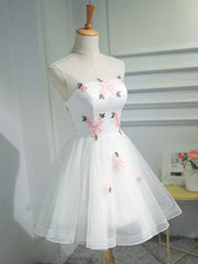 Party Dress Set, Short White Floral Prom Dresses, Short White Floral Formal Homecoming Dresses