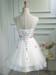 Party Dress Meaning, Short White Floral Prom Dresses, Short White Floral Formal Homecoming Dresses