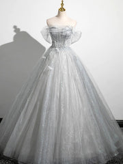 Bridesmaids Dresses Online, Silver Gray Tulle Lace Prom Dresses, Silver Gray Long Lace Formal Evening Dresses