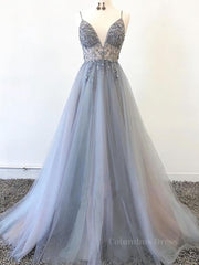 Wedding Inspo, Silver Grey V Neck Floor Length Long Beaded Prom Dresses, Grey Long Beaded Formal Evening Dresses