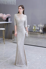 Bridesmaid Dresses Spring, Silver Long sleeves Long Prom Dresses
