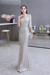 Bridesmaid Dresses Gowns, Silver Long sleeves Long Prom Dresses