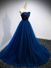 Formal Dress Style, Simple A Line Blue Tulle Long Prom Dress, Blue Tulle Formal Dress