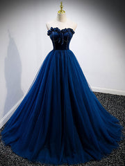 Formal Dressing Style, Simple A Line Blue Tulle Long Prom Dress, Blue Tulle Formal Dress