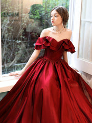 Wedding Guest, Simple A line Satin Long Prom Dress, Burgundy Bridesmaid Dresses