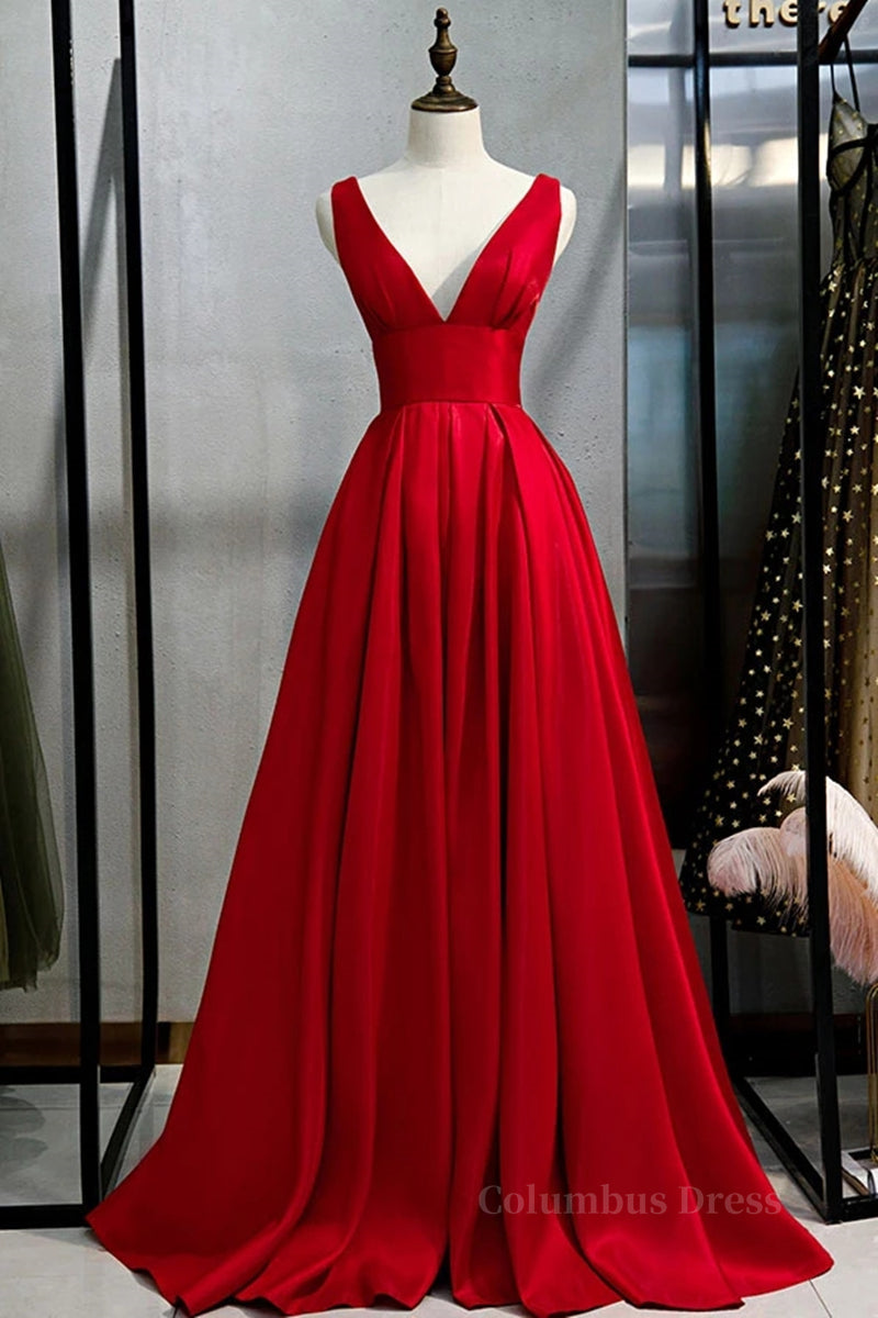 Evening Dress Knee Length, Simple A Line V Neck and V Back Red Satin Long Prom Dress, V Neck Red Formal Graduation Evening Dress