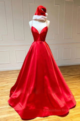 Homecoming Dresses Idea, Simple A Line V Neck Backless Red Long Prom Dress, Backless Red Fromal Dress, Red Evening Dress