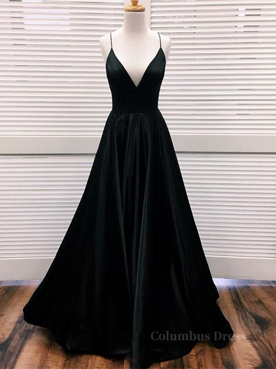 Bridesmaids Dresses Styles, Simple A Line V Neck Black Satin Long Prom Dresses, Black Formal Dresses, Evening Dresses 2024