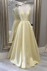 Aesthetic Dress, Simple A Line V Neck Open Back Yellow Long Prom Dresses, Yellow Formal Evening Dresses