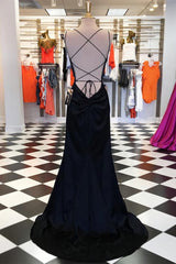 Prom Dress Places Near Me, Simple Black Satin Sheath Spaghetti Straps Long Prom Dresses, Evening Gown