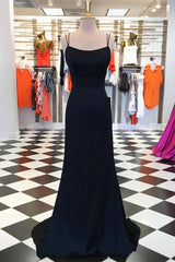 Prom Dresses For Adults, Simple Black Satin Sheath Spaghetti Straps Long Prom Dresses, Evening Gown