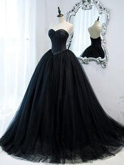 Party Dress Aesthetic, Simple Black Sweetheart Neck Tulle Long Prom Dress, Black Evening Dresses