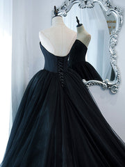 Party Dresses Black, Simple Black Sweetheart Neck Tulle Long Prom Dress, Black Evening Dresses