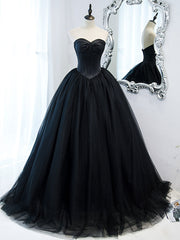 Party Dress Luxury, Simple Black Sweetheart Neck Tulle Long Prom Dress, Black Evening Dresses