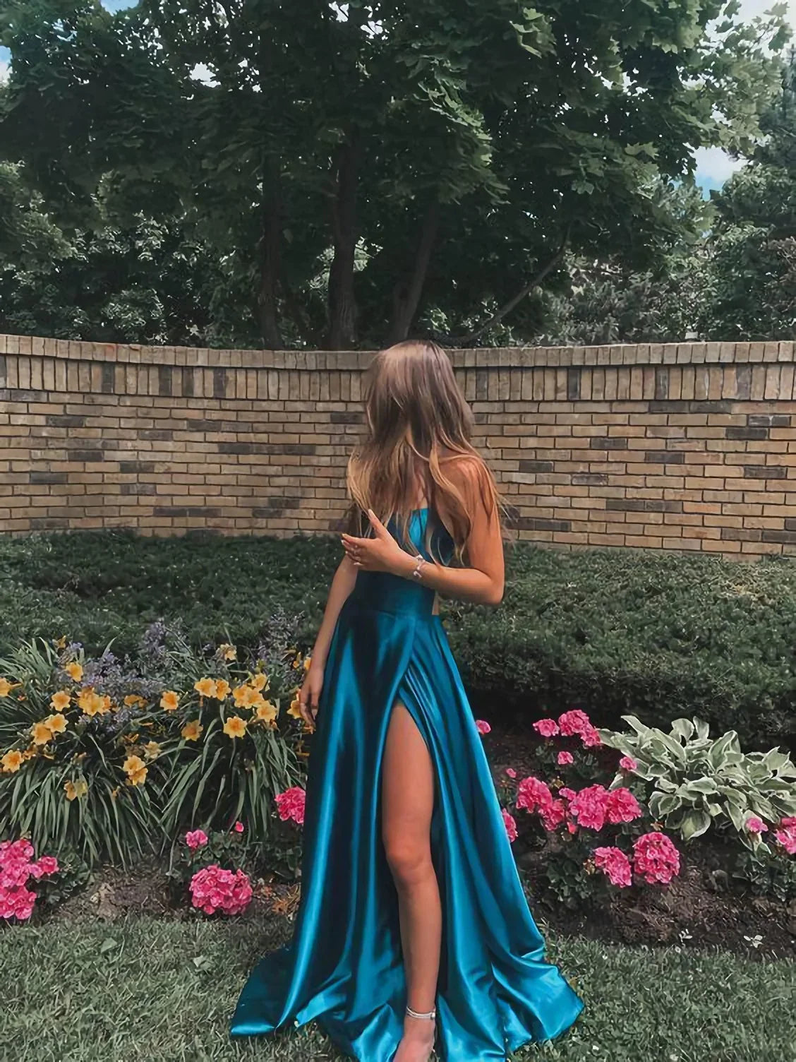 Formal Dresses Long Sleeve, Simple Blue A-Line Satin Sleeveless Prom Dresses,Long Evening Party Dresses