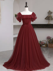 Simple Dress, Simple Burgundy A line Long Prom Dresses, Burgundy Bridesmaid Dresses