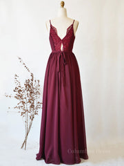 Prom Dress Website, Simple burgundy chiffon lace long prom dress, burgundy evening dress