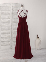 Bridesmaid Dress Wedding, Simple Burgundy Chiffon Long Prom Dress, Burgundy Evening Dress