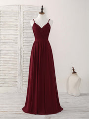 Bridesmaids Dresses Wedding, Simple Burgundy Chiffon Long Prom Dress, Burgundy Evening Dress