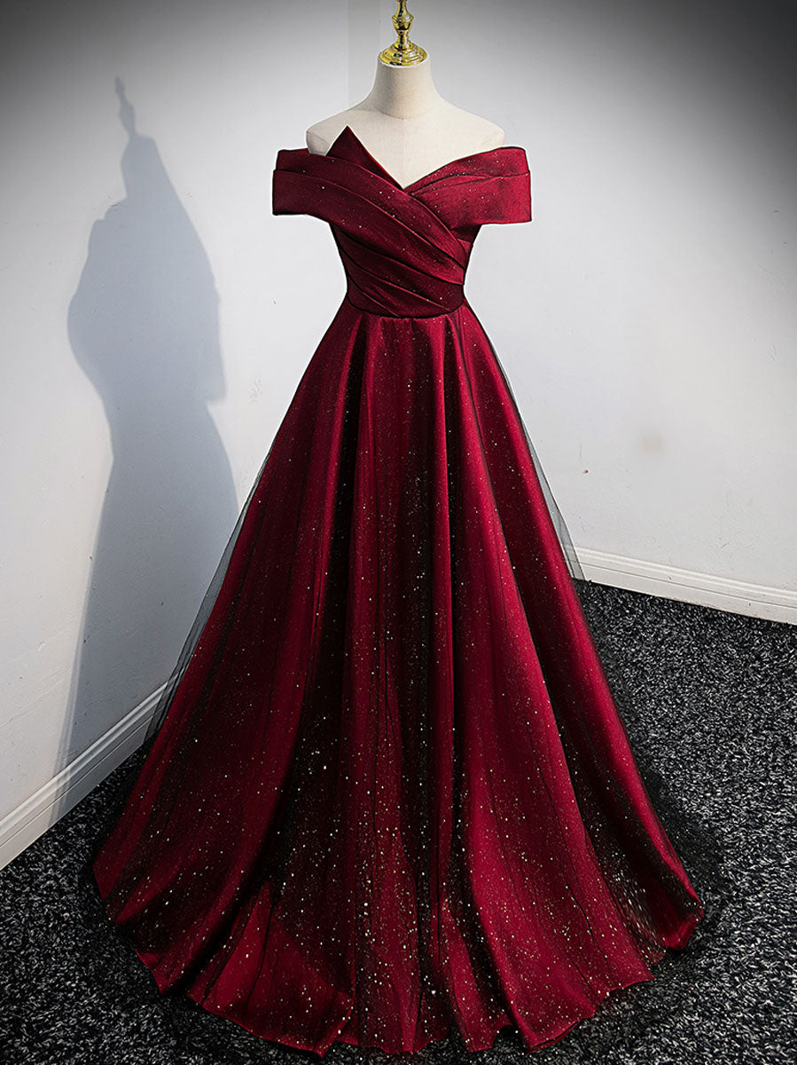 Party Dress Summer, Simple Burgundy Satin Long Prom Dress, Burgundy Evening Dresses