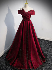 Party Dress Summer, Simple Burgundy Satin Long Prom Dress, Burgundy Evening Dresses