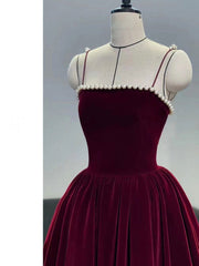 Aesthetic Dress, Simple burgundy tea length prom dress, burgundy homecoming dress