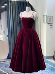 Girlie Dress, Simple burgundy tea length prom dress, burgundy homecoming dress