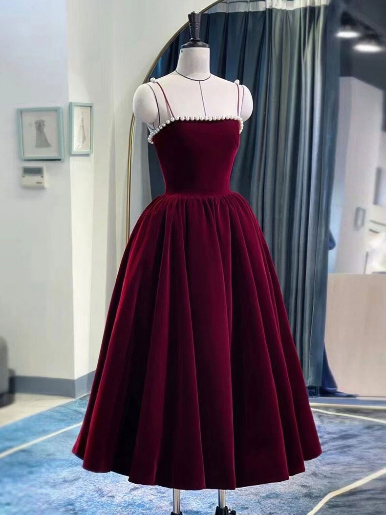 Slip Dress Outfit, Simple burgundy tea length prom dress, burgundy homecoming dress