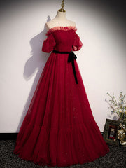 Club Outfit, Simple Burgundy Tulle Long Prom Dress, A line Burgundy Evening Dresses