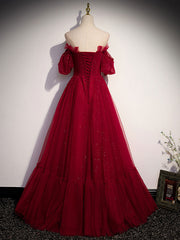 Party Dress Code Idea, Simple Burgundy Tulle Long Prom Dress, A line Burgundy Evening Dresses
