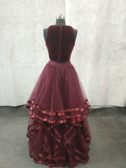 Vintage Prom Dress, Simple Burgundy Two Pieces Tulle Long Prom Dress, Burgundy Evening Dress