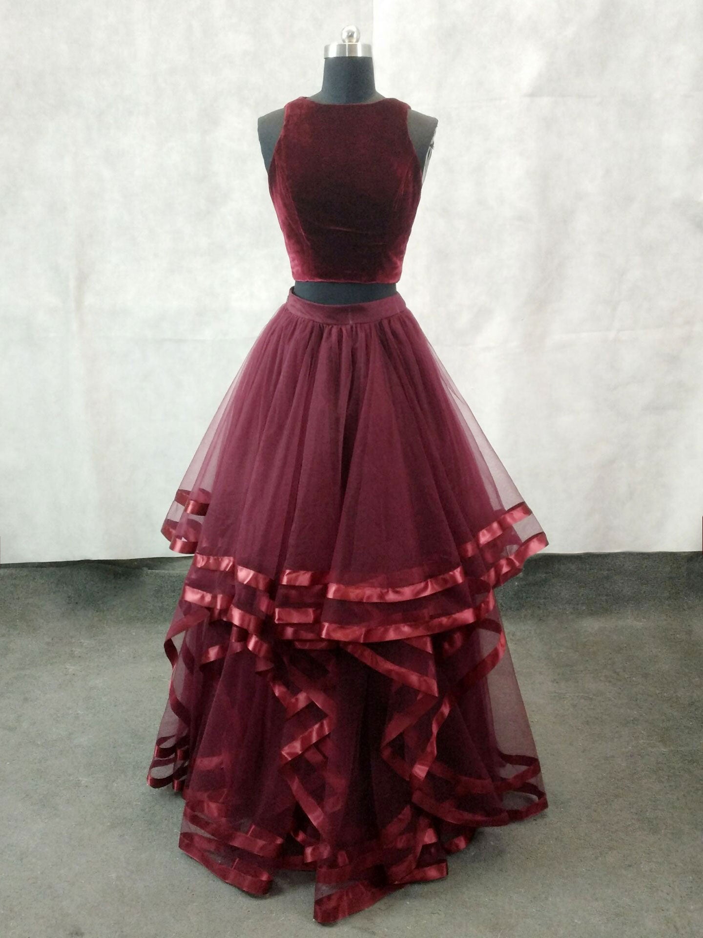 Yellow Prom Dress, Simple Burgundy Two Pieces Tulle Long Prom Dress, Burgundy Evening Dress