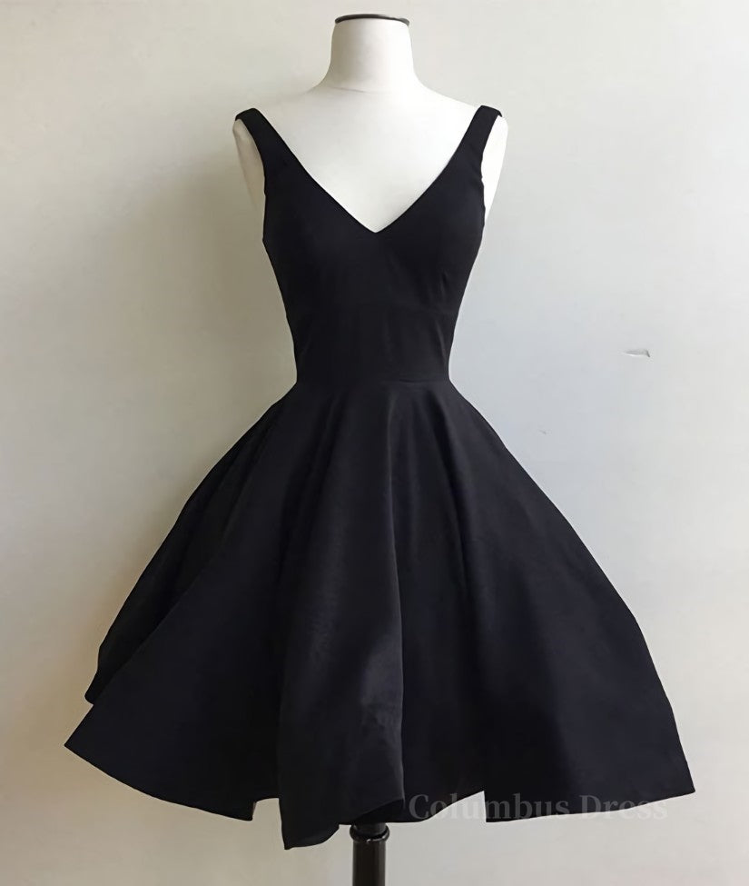 Bridesmaid Dress Outdoor Wedding, Simple Cute V Neck Short Black Prom Dresses, Cute Black Homecoming Dresses, Graduation Dresses