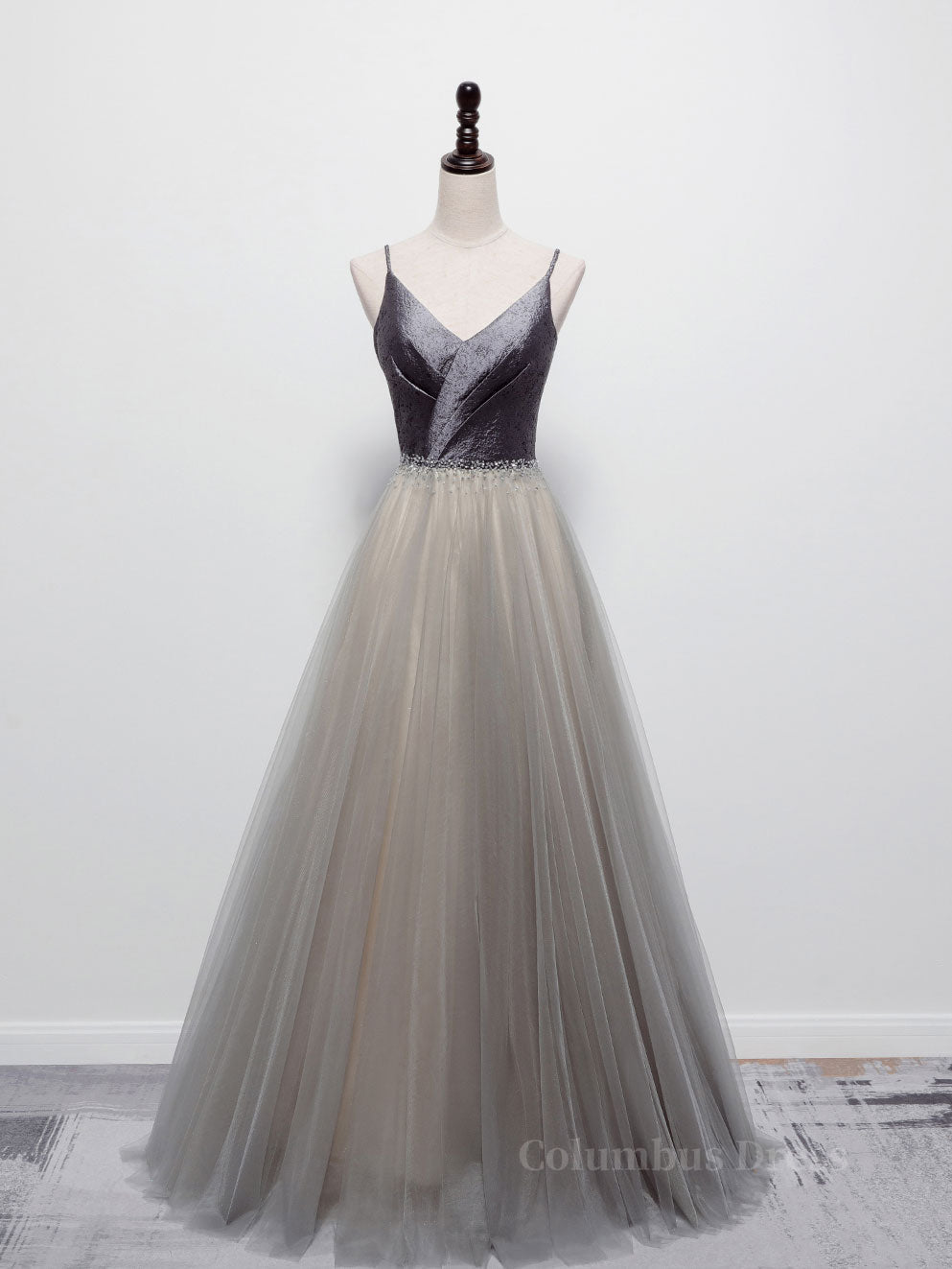 Prom Dresses 2025, Simple gray v neck tulle long prom dress, gray tulle formal dress