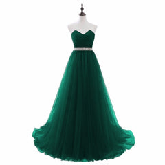 Bridesmaid Dresses Blushing Pink, Simple Green Beaded Waist Tulle A-line Floor Length Party Dress, Green Formal Dress