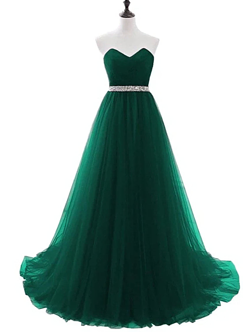 Bridesmaid Dresses Strapless, Simple Green Beaded Waist Tulle A-line Floor Length Party Dress, Green Formal Dress