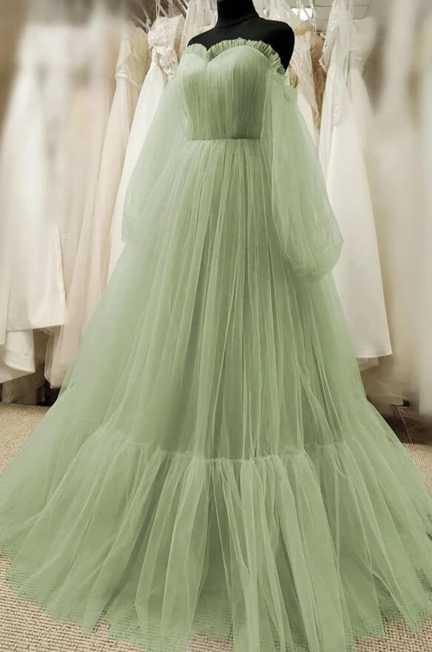 Wedding Decor, Simple Green Tulle Prom Dress with Bishop Sleeves,Dresses for Party Events