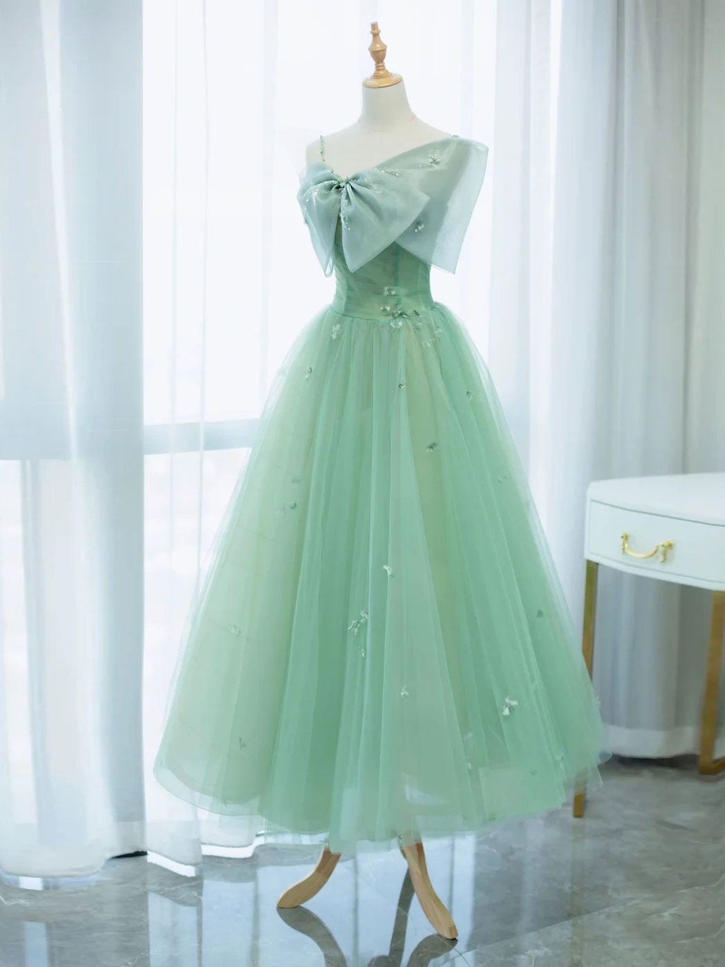 Party Dresses Teen, Simple Green Tulle Tea Length Prom Dress, Green Tulle Homecoming Dresses