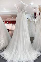 Wedding Dress Simpl, Simple Long A-line V-neck Tulle Appliques Lace Wedding Dress