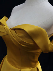 Evening Dresses Gown, Simple Off Shoulder Yellow Satin Long Prom Dress, Yellow Formal Evening Dress