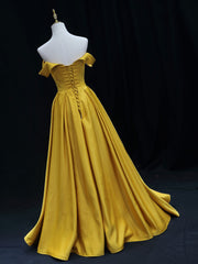 Evening Dress Black, Simple Off Shoulder Yellow Satin Long Prom Dress, Yellow Formal Evening Dress