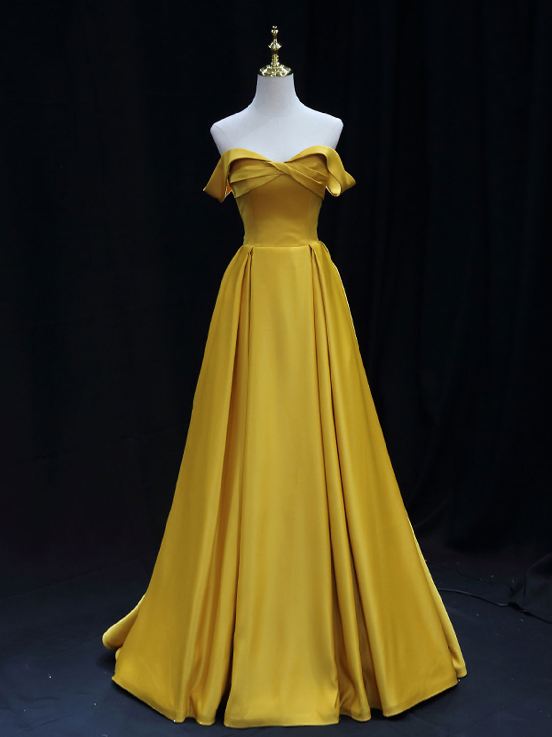 Evening Dress Gowns, Simple Off Shoulder Yellow Satin Long Prom Dress, Yellow Formal Evening Dress