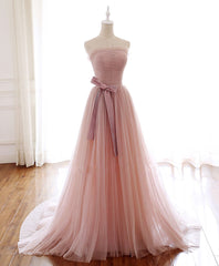 Evening Dress Open Back, Simple Pink Tulle Long Prom Dress, Aline Pink Tulle Formal Party Dresses