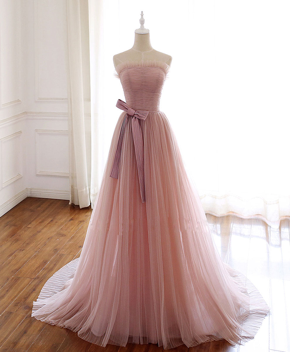 Evening Dress Sleeves, Simple Pink Tulle Long Prom Dress, Aline Pink Tulle Formal Party Dresses